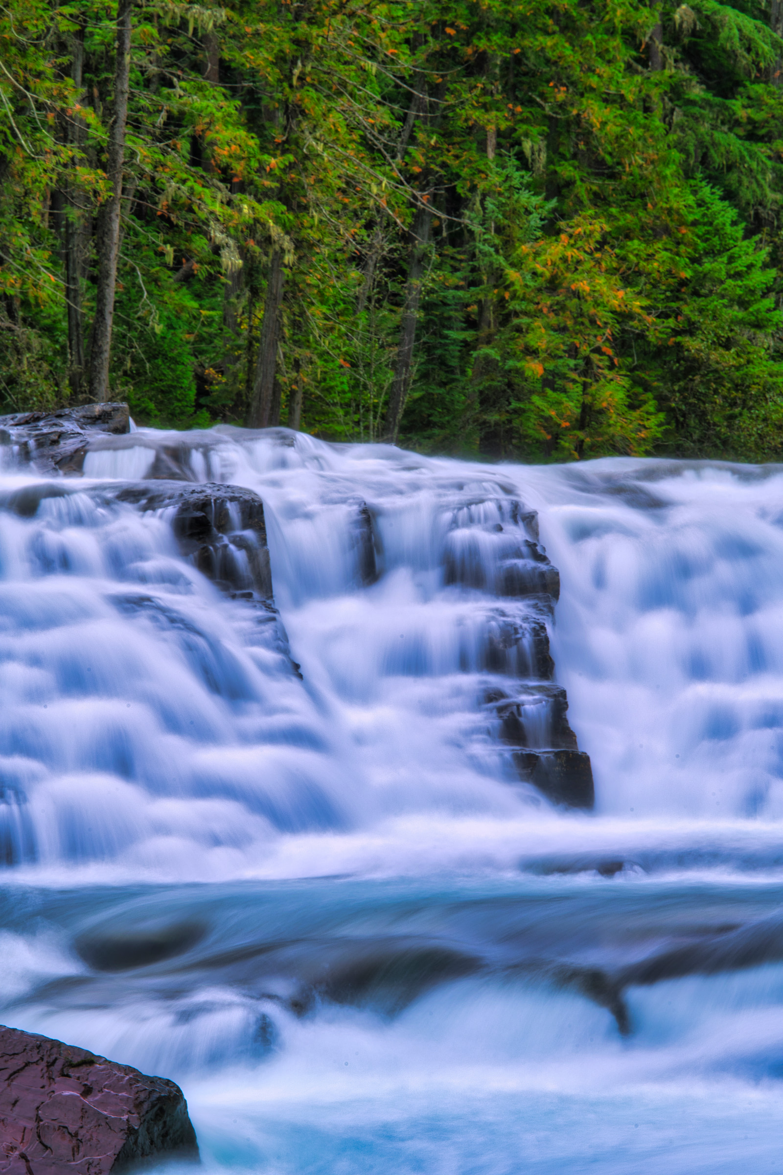 A series of small waterfalls cascade over rocky ledges in a lush green forest.