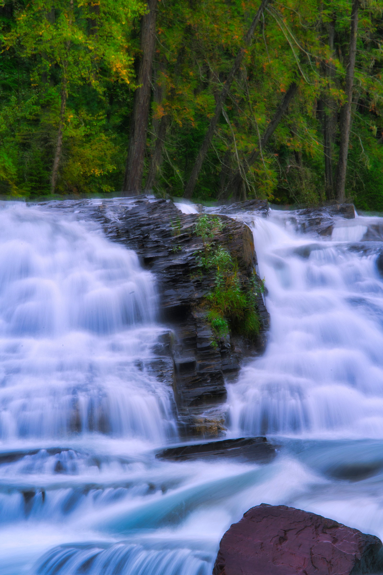 A waterfall cascades over dark rocks, surrounded by lush green forest.